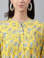 Janasya Women's Yellow Cotton Floral Print Casual Empire Tunic | Grocsy