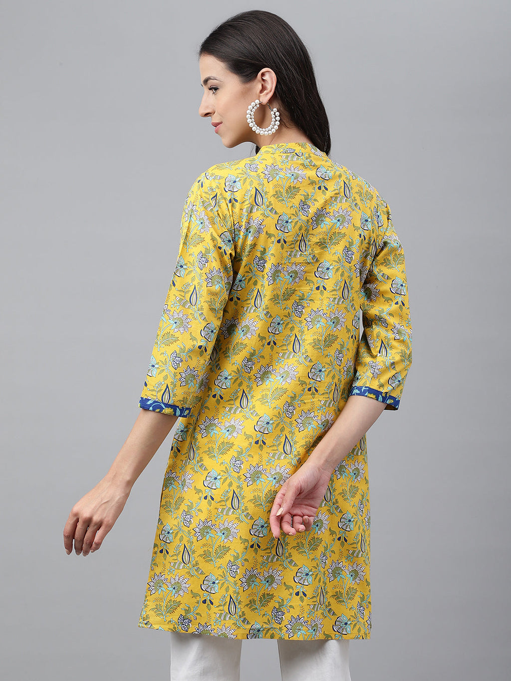 Janasya Women's Yellow Cotton Floral Print Casual Empire Tunic | Grocsy