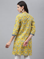 Janasya Women's Yellow Cotton Floral Print Casual Empire Tunic | Grocsy