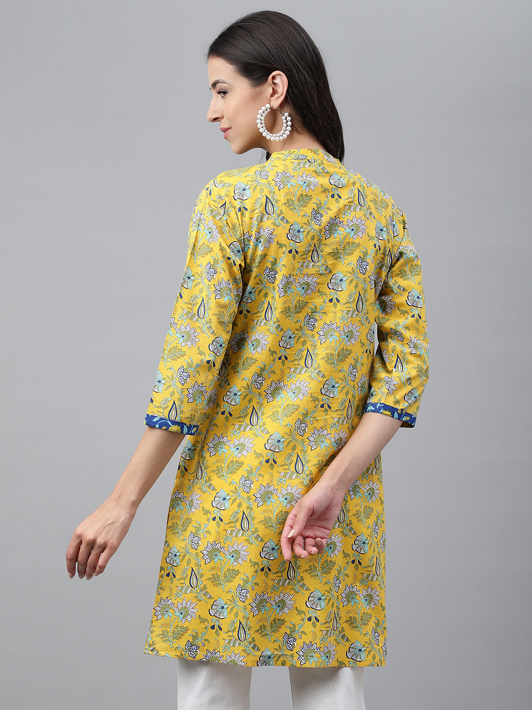 Janasya Women's Yellow Cotton Floral Print Casual Empire Tunic | Grocsy