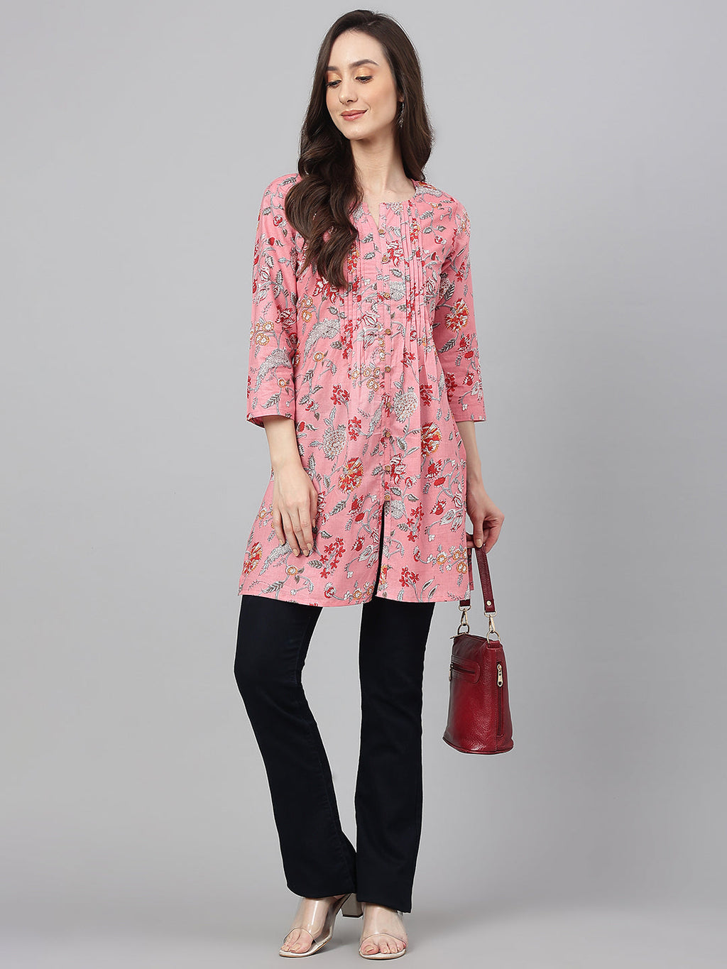 Janasya Women's Pink Cotton Floral Print Casual Regular Tunic | Grocsy