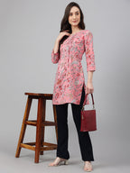 Janasya Women's Pink Cotton Floral Print Casual Regular Tunic | Grocsy
