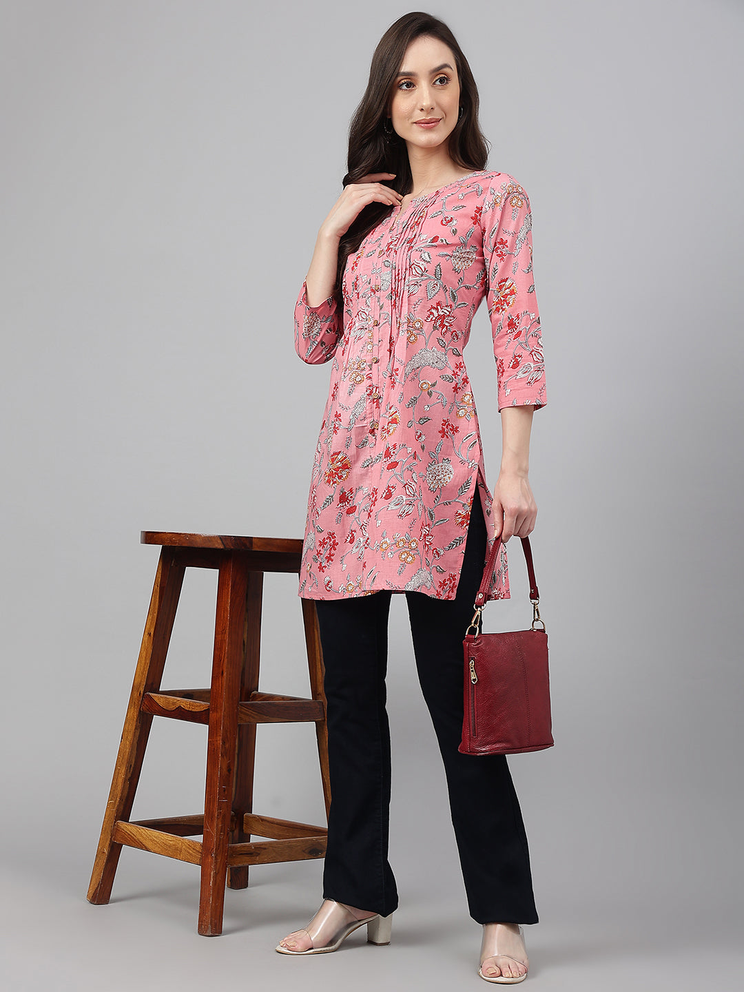 Janasya Women's Pink Cotton Floral Print Casual Regular Tunic | Grocsy