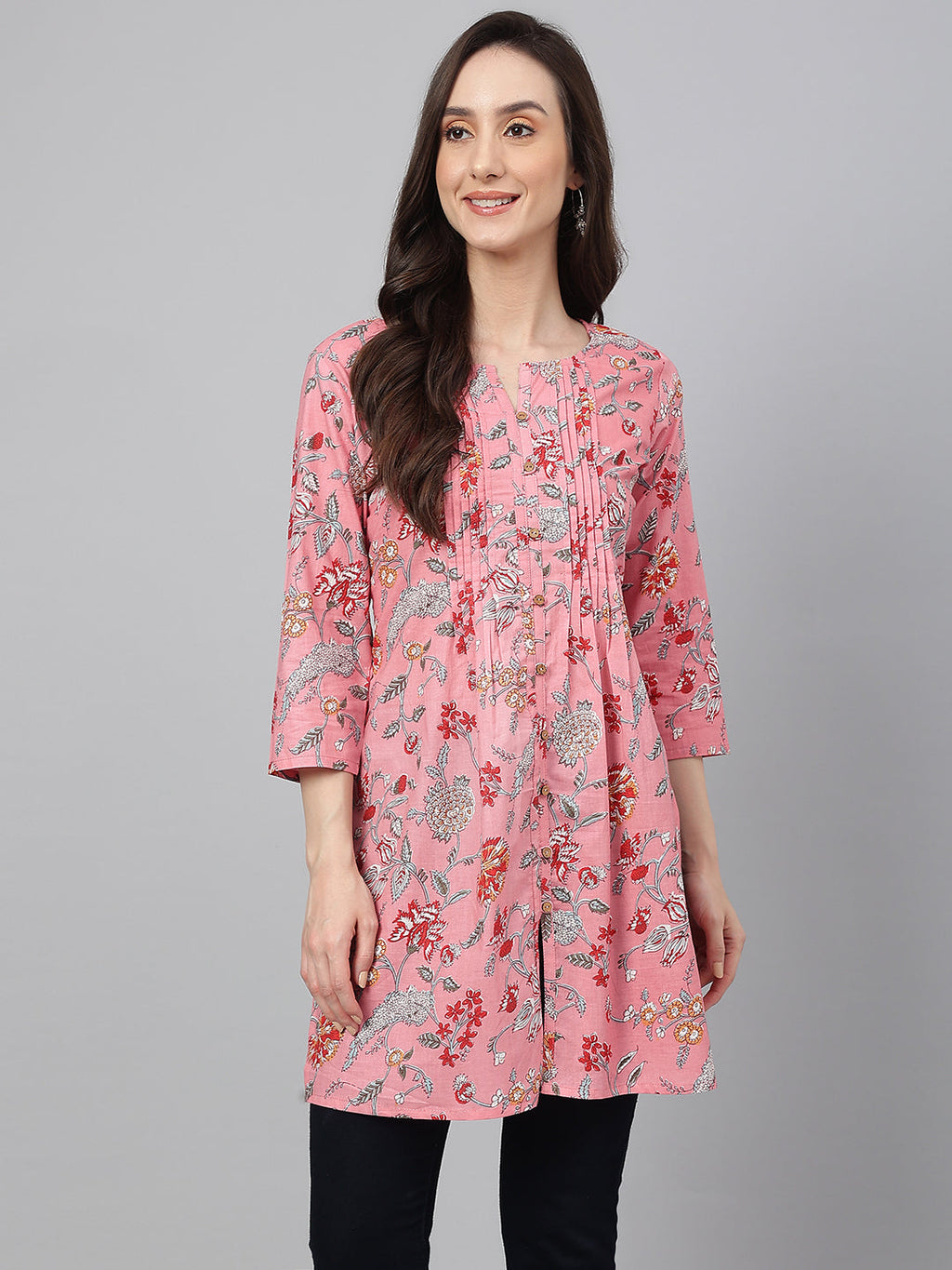 Janasya Women's Pink Cotton Floral Print Casual Regular Tunic | Grocsy