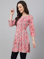 Janasya Women's Pink Cotton Floral Print Casual Regular Tunic | Grocsy
