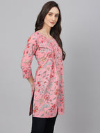 Janasya Women's Pink Cotton Floral Print Casual Regular Tunic | Grocsy