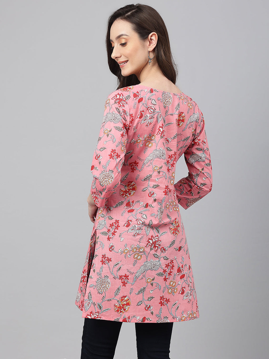 Janasya Women's Pink Cotton Floral Print Casual Regular Tunic | Grocsy