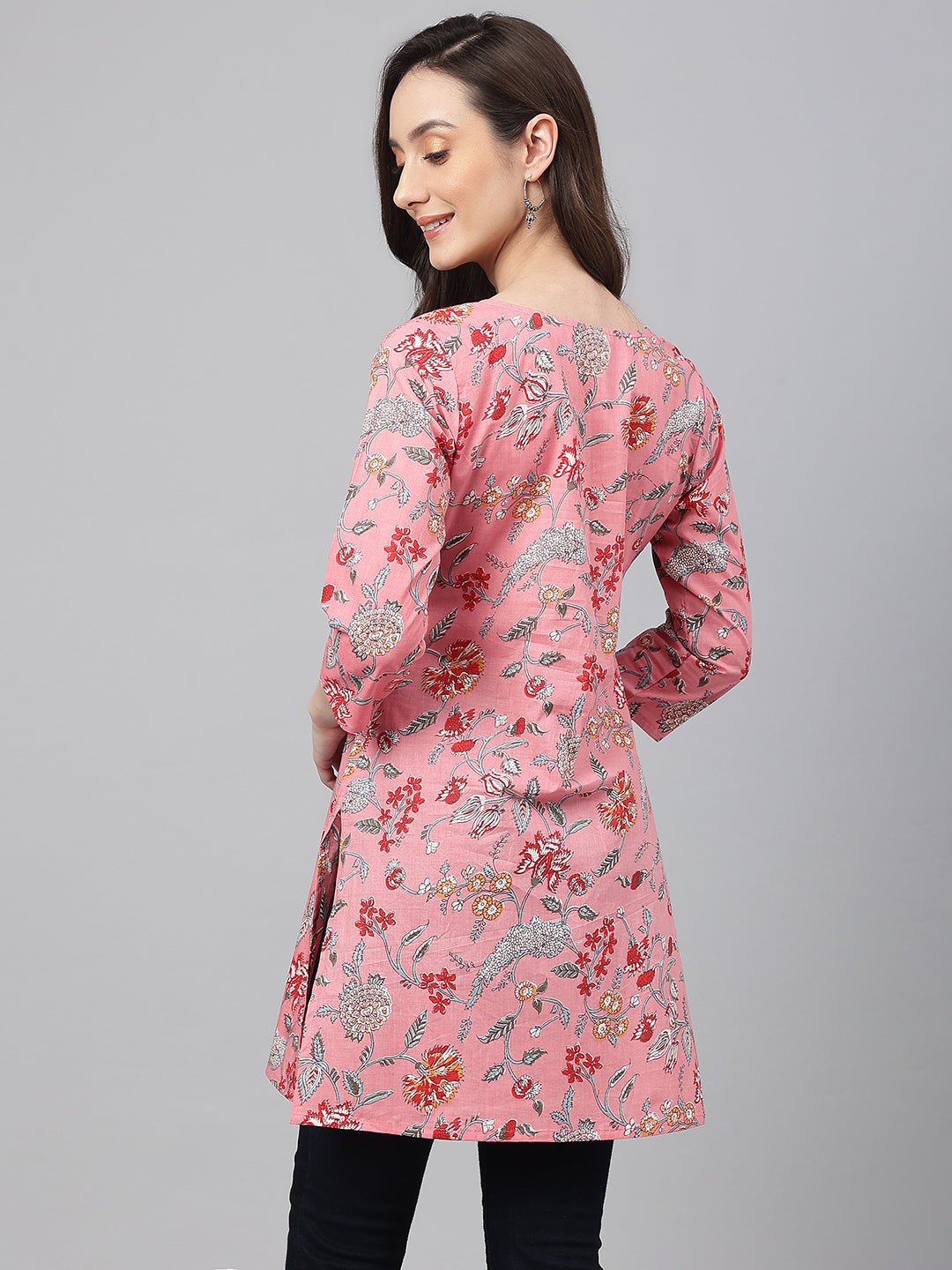 Janasya Women's Pink Cotton Floral Print Casual Regular Tunic | Grocsy