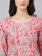 Janasya Women's Pink Cotton Floral Print Casual Regular Tunic | Grocsy