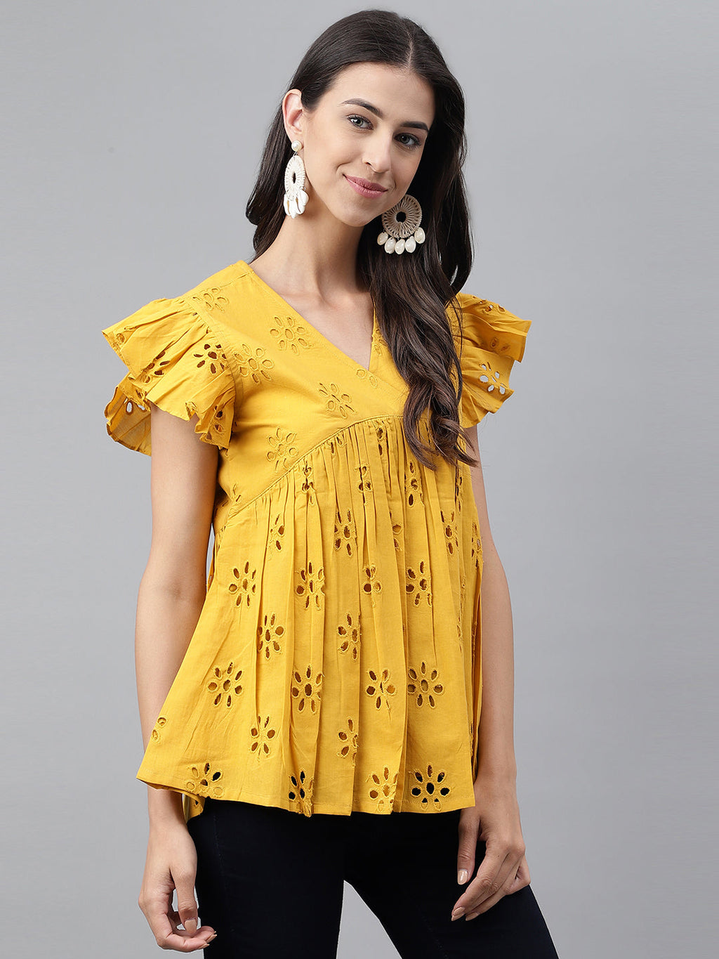 Janasya Women's Mustard Cotton Schiffli Casual Gathered Top | Grocsy