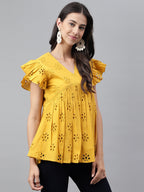 Janasya Women's Mustard Cotton Schiffli Casual Gathered Top | Grocsy