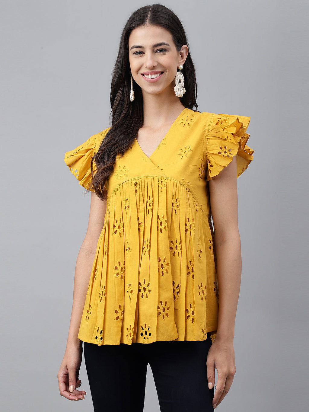 Janasya Women's Mustard Cotton Schiffli Casual Gathered Top | Grocsy