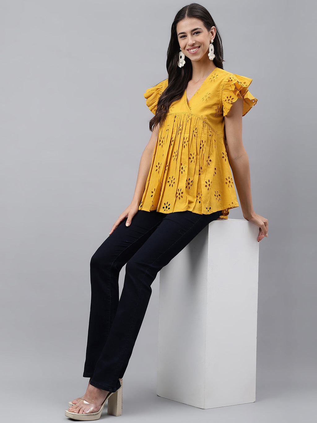 Janasya Women's Mustard Cotton Schiffli Casual Gathered Top | Grocsy