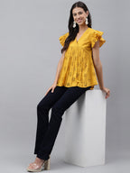 Janasya Women's Mustard Cotton Schiffli Casual Gathered Top | Grocsy