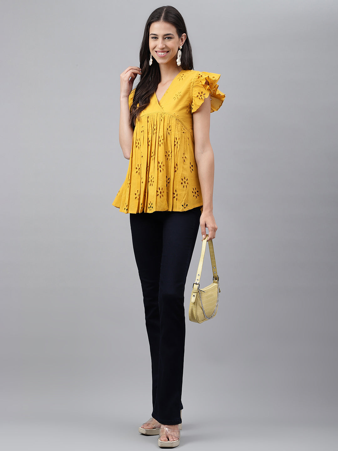 Janasya Women's Mustard Cotton Schiffli Casual Gathered Top | Grocsy
