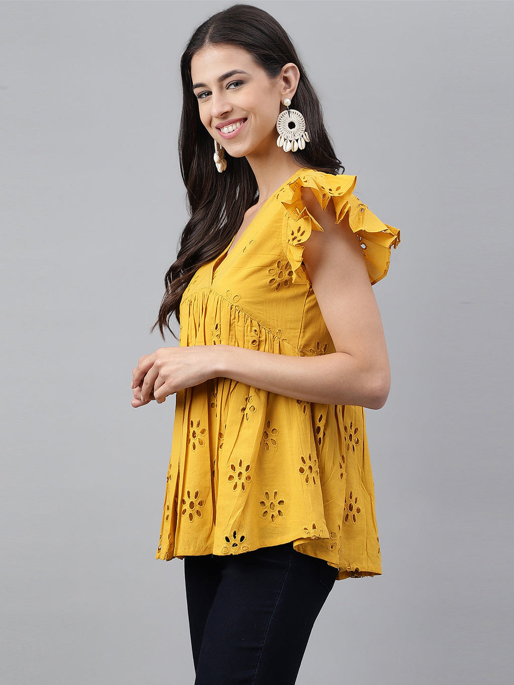 Janasya Women's Mustard Cotton Schiffli Casual Gathered Top | Grocsy