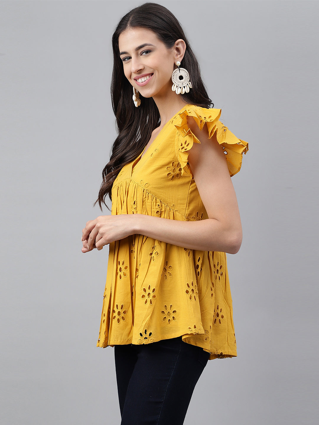 Janasya Women's Mustard Cotton Schiffli Casual Gathered Top | Grocsy