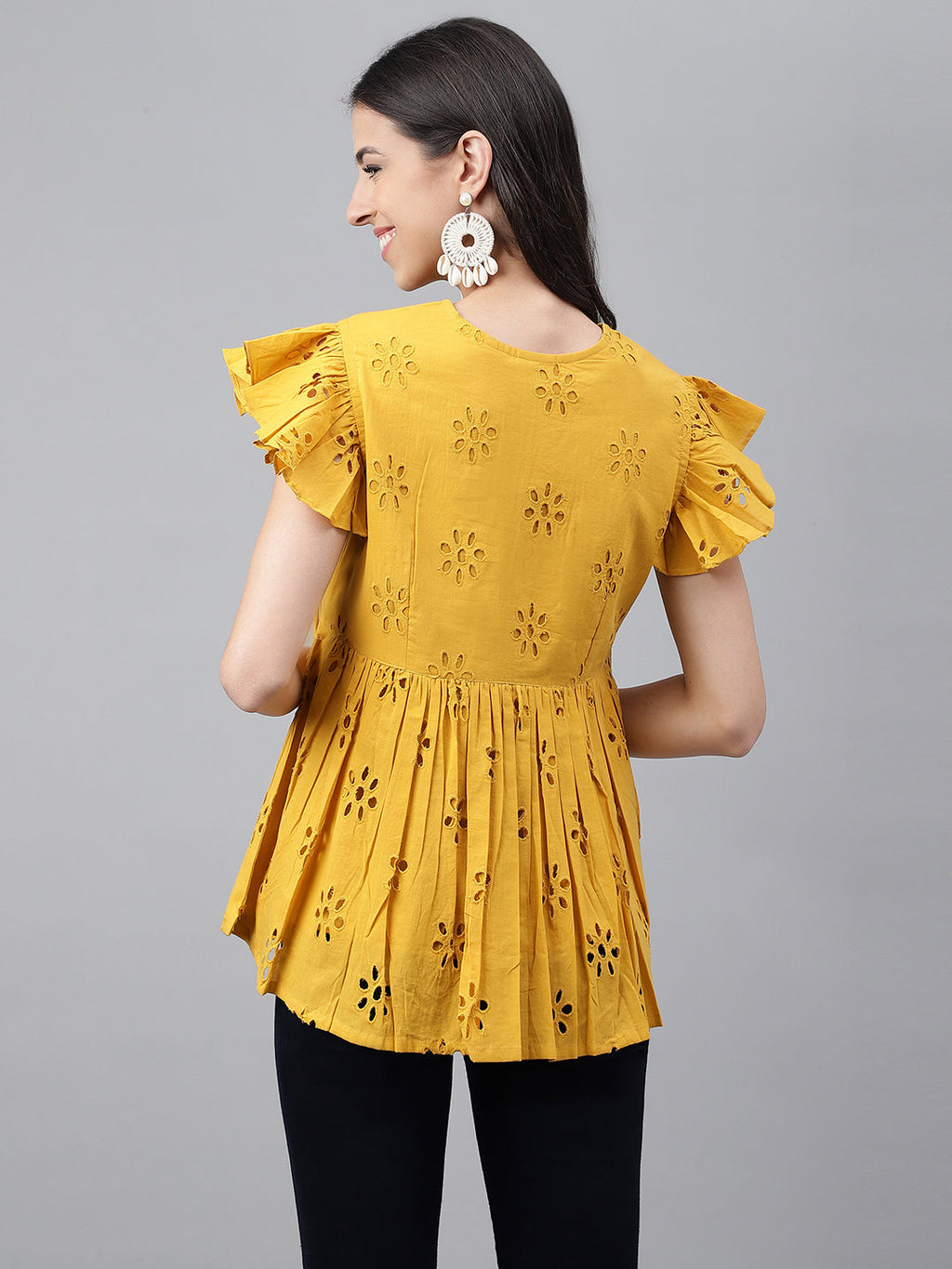Janasya Women's Mustard Cotton Schiffli Casual Gathered Top | Grocsy