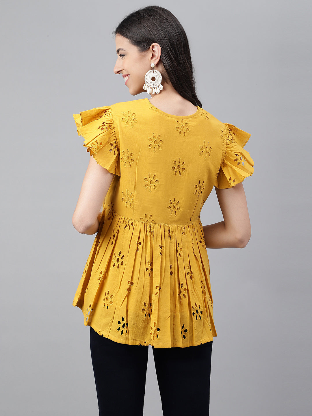 Janasya Women's Mustard Cotton Schiffli Casual Gathered Top | Grocsy