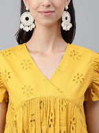 Janasya Women's Mustard Cotton Schiffli Casual Gathered Top | Grocsy