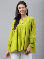 Janasya Women's Lime Green Cotton Schiffli Casual Flared Top | Grocsy
