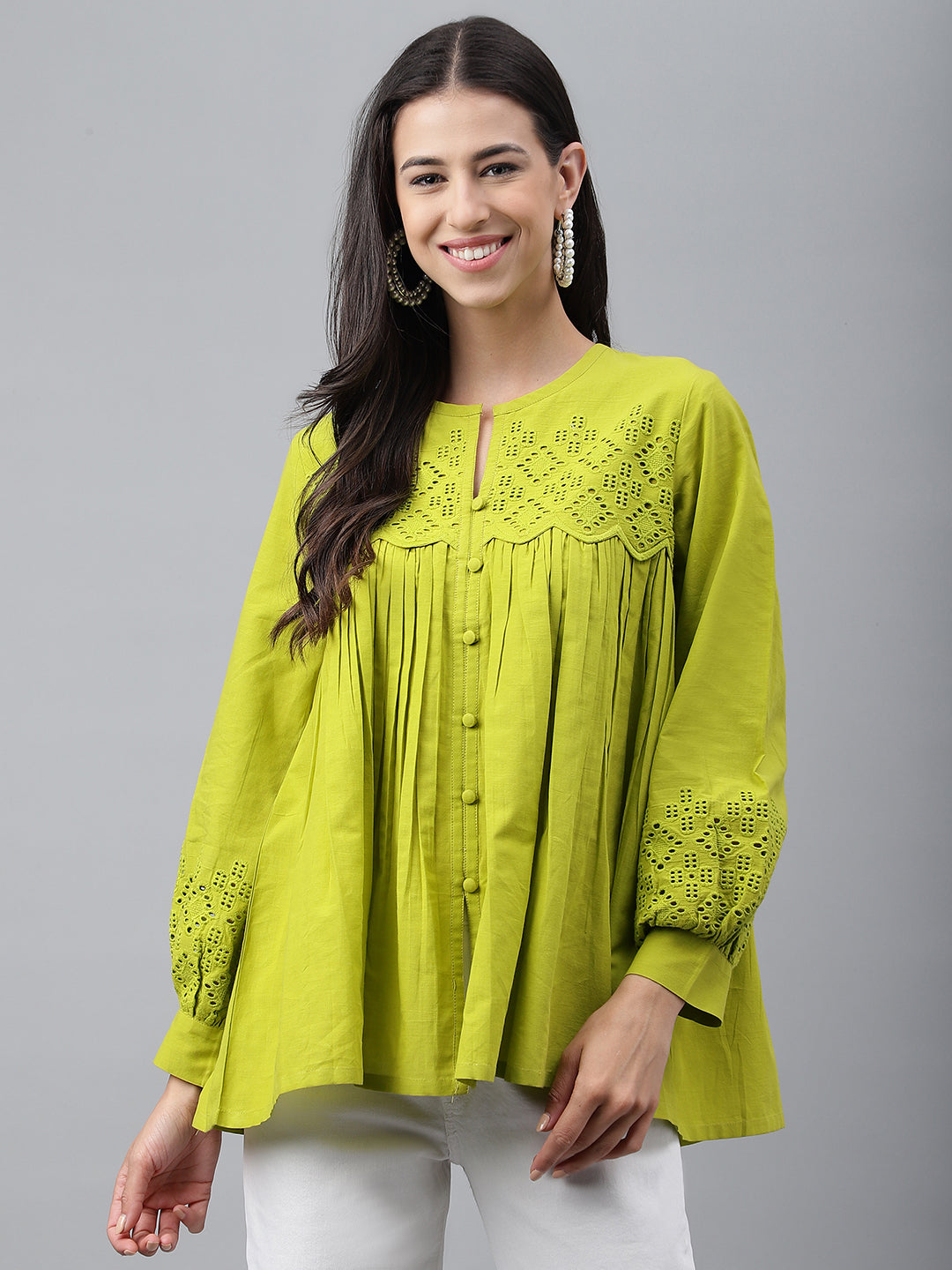Janasya Women's Lime Green Cotton Schiffli Casual Flared Top | Grocsy