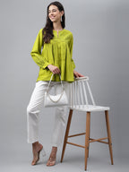 Janasya Women's Lime Green Cotton Schiffli Casual Flared Top | Grocsy