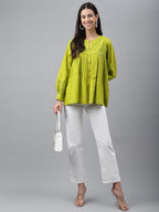 Janasya Women's Lime Green Cotton Schiffli Casual Flared Top | Grocsy
