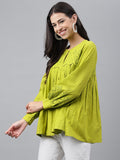 Janasya Women's Lime Green Cotton Schiffli Casual Flared Top | Grocsy