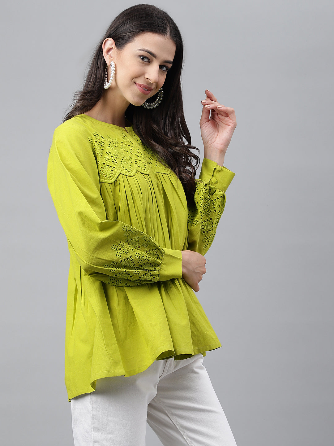Janasya Women's Lime Green Cotton Schiffli Casual Flared Top | Grocsy