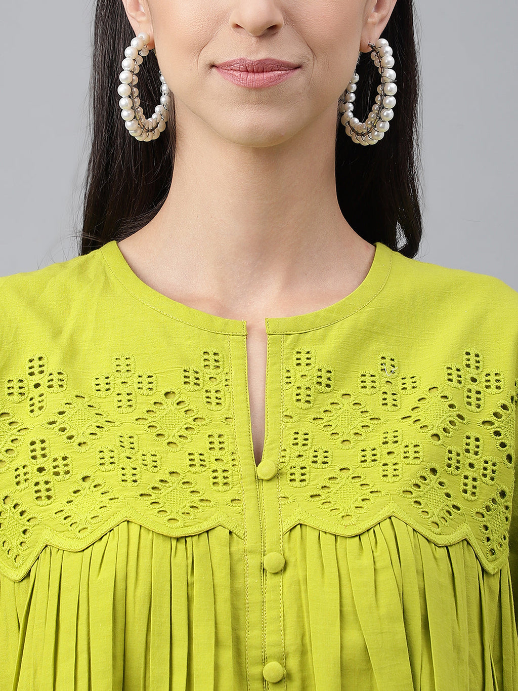 Janasya Women's Lime Green Cotton Schiffli Casual Flared Top | Grocsy