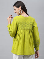 Janasya Women's Lime Green Cotton Schiffli Casual Flared Top | Grocsy