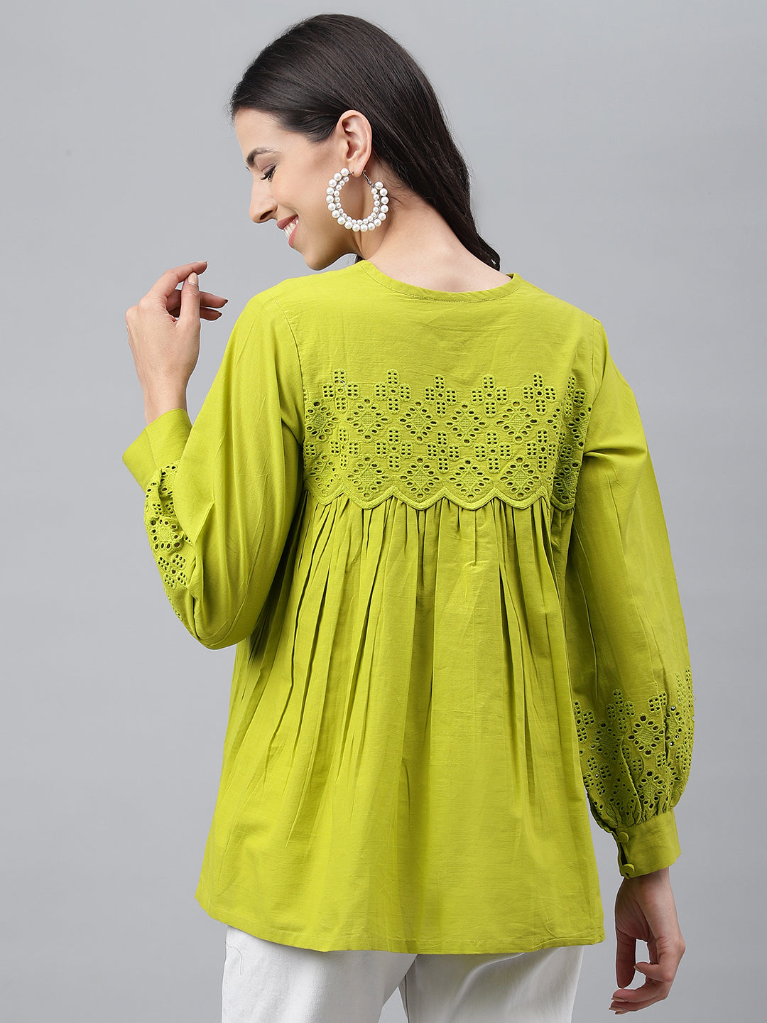 Janasya Women's Lime Green Cotton Schiffli Casual Flared Top | Grocsy