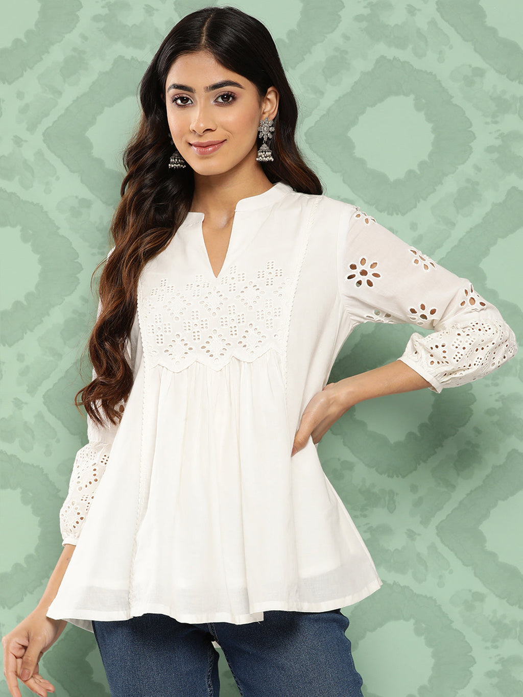 Janasya Women's White Cotton Schiffli Casual A-Line Top | Grocsy