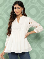 Janasya Women's White Cotton Schiffli Casual A-Line Top | Grocsy