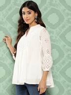 Janasya Women's White Cotton Schiffli Casual A-Line Top | Grocsy