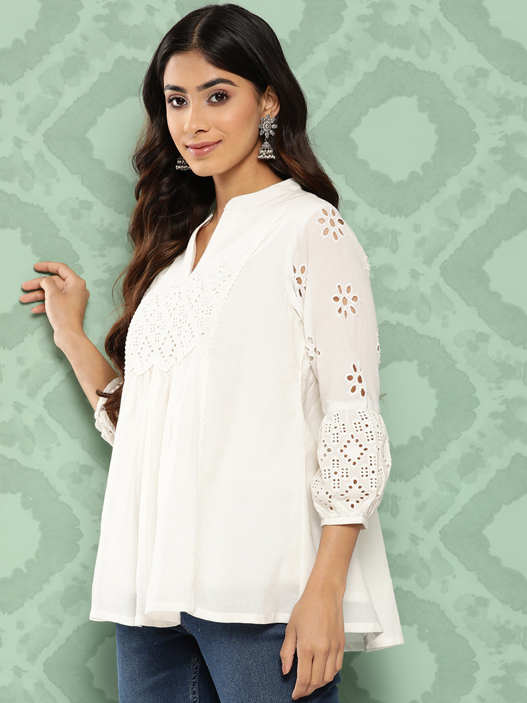 Janasya Women's White Cotton Schiffli Casual A-Line Top | Grocsy