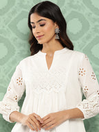 Janasya Women's White Cotton Schiffli Casual A-Line Top | Grocsy