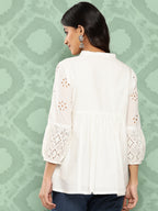 Janasya Women's White Cotton Schiffli Casual A-Line Top | Grocsy