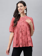 Janasya Women's Pink Cotton Schiffli Casual Gathered Top | Grocsy
