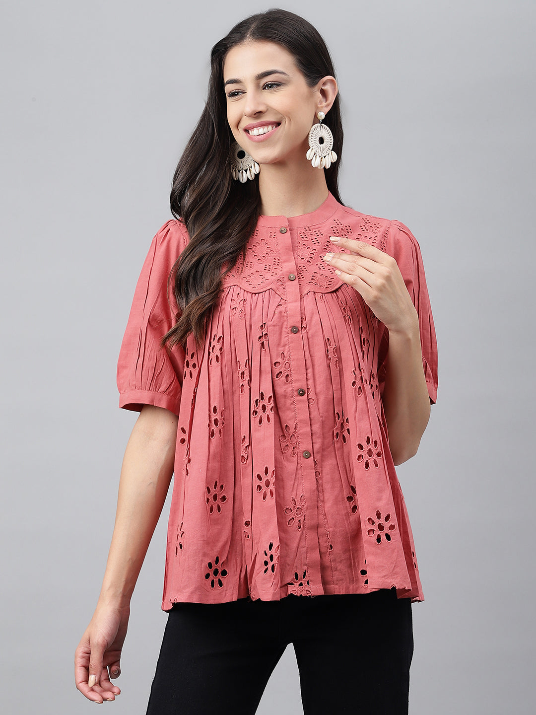 Janasya Women's Pink Cotton Schiffli Casual Gathered Top | Grocsy