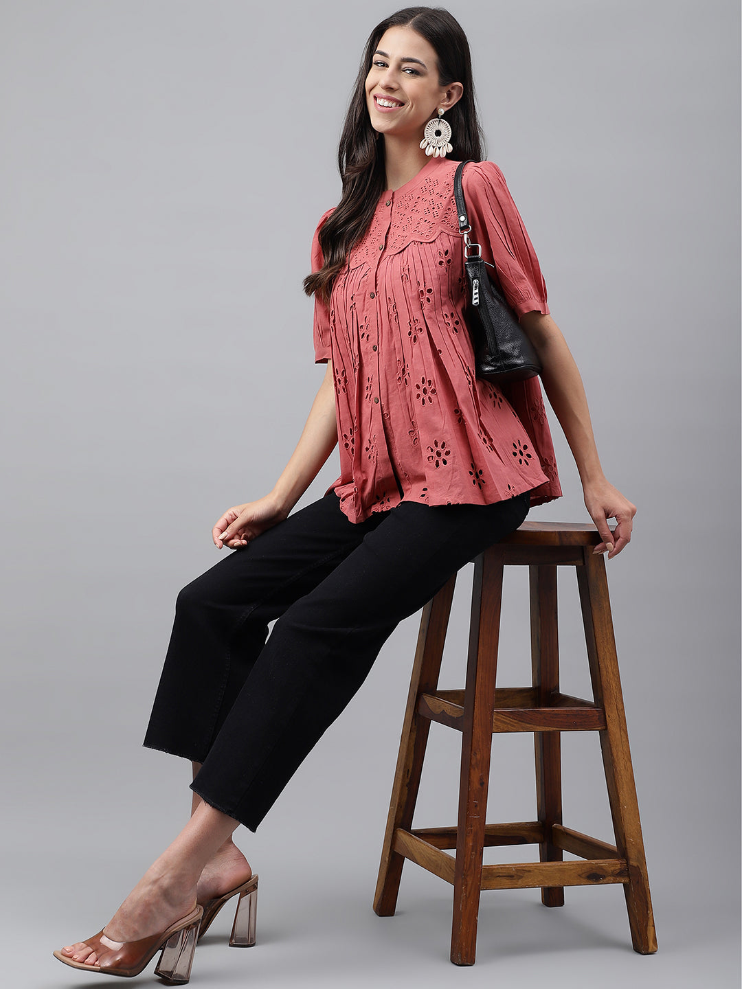 Janasya Women's Pink Cotton Schiffli Casual Gathered Top | Grocsy