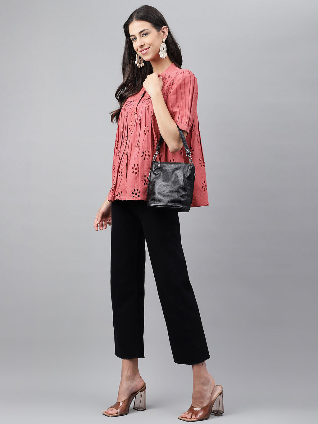 Janasya Women's Pink Cotton Schiffli Casual Gathered Top | Grocsy
