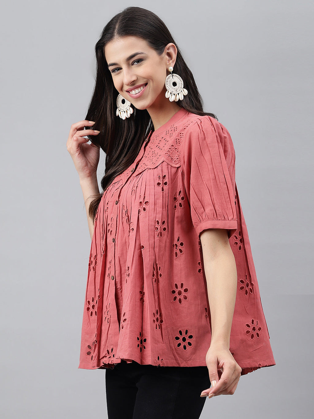 Janasya Women's Pink Cotton Schiffli Casual Gathered Top | Grocsy