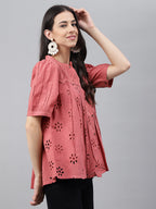 Janasya Women's Pink Cotton Schiffli Casual Gathered Top | Grocsy