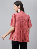 Janasya Women's Pink Cotton Schiffli Casual Gathered Top | Grocsy