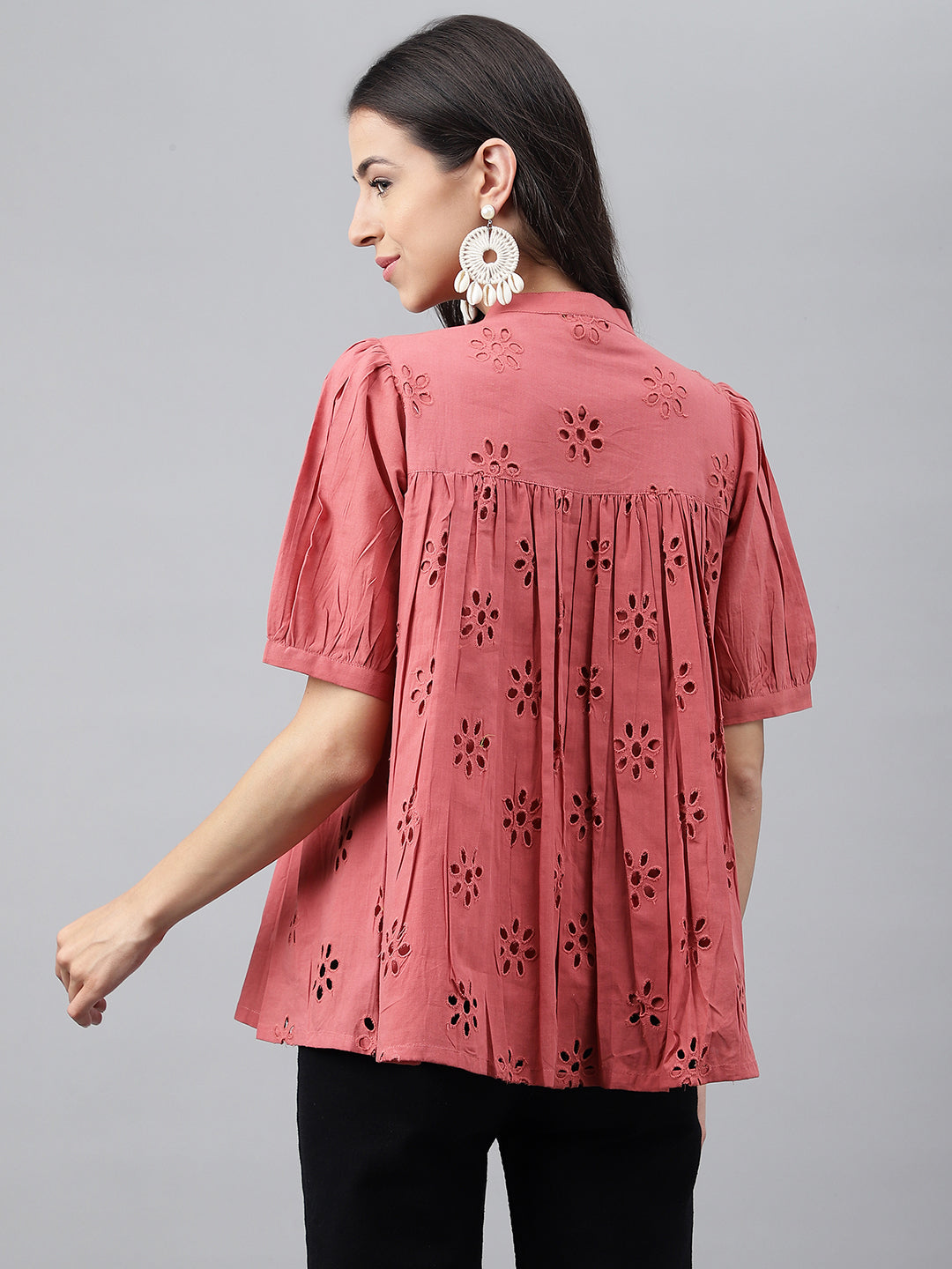 Janasya Women's Pink Cotton Schiffli Casual Gathered Top | Grocsy
