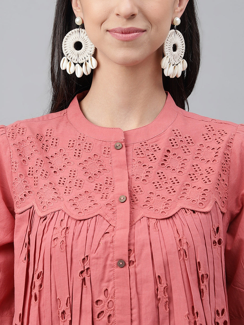 Janasya Women's Pink Cotton Schiffli Casual Gathered Top | Grocsy
