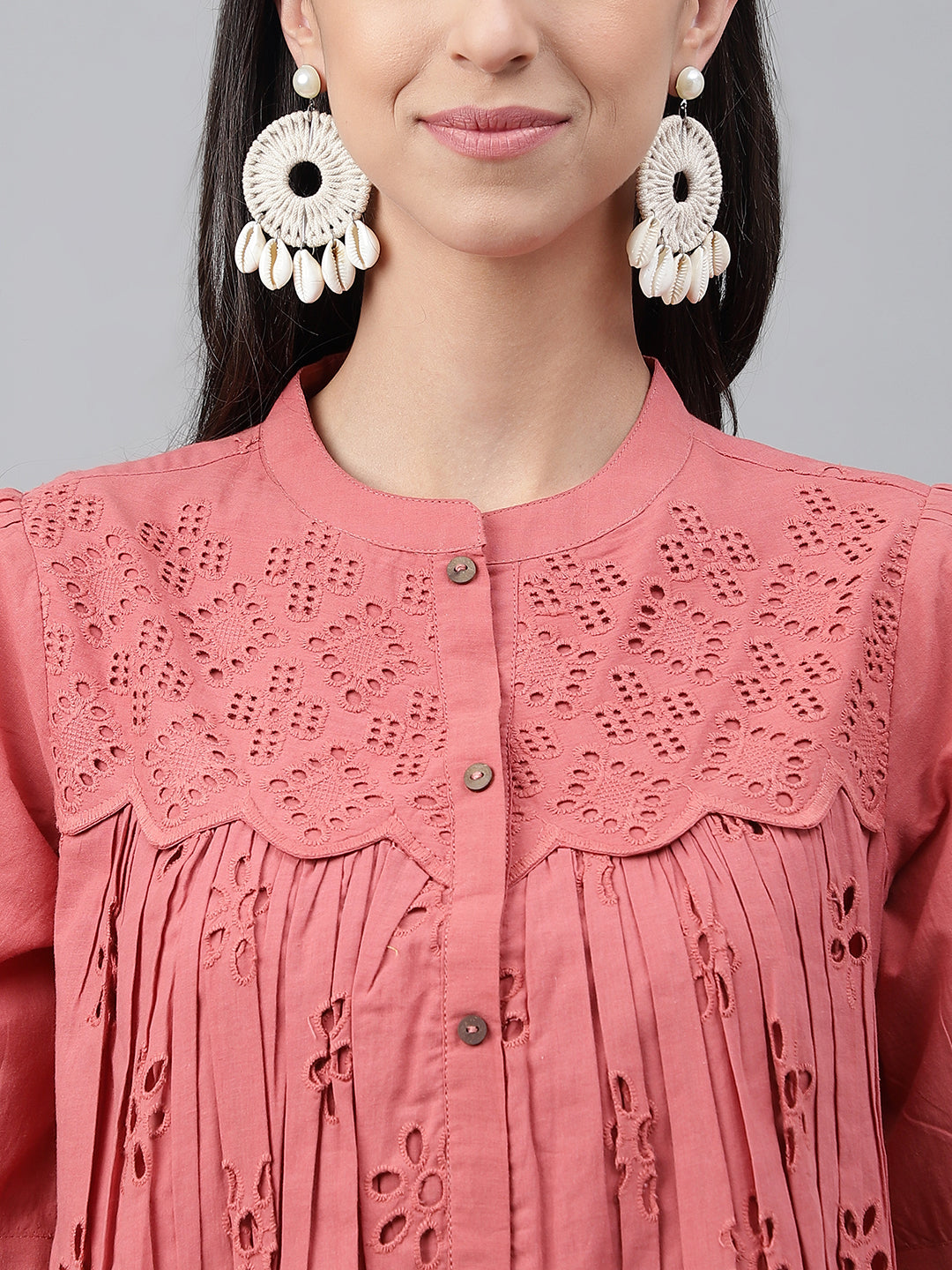 Janasya Women's Pink Cotton Schiffli Casual Gathered Top | Grocsy