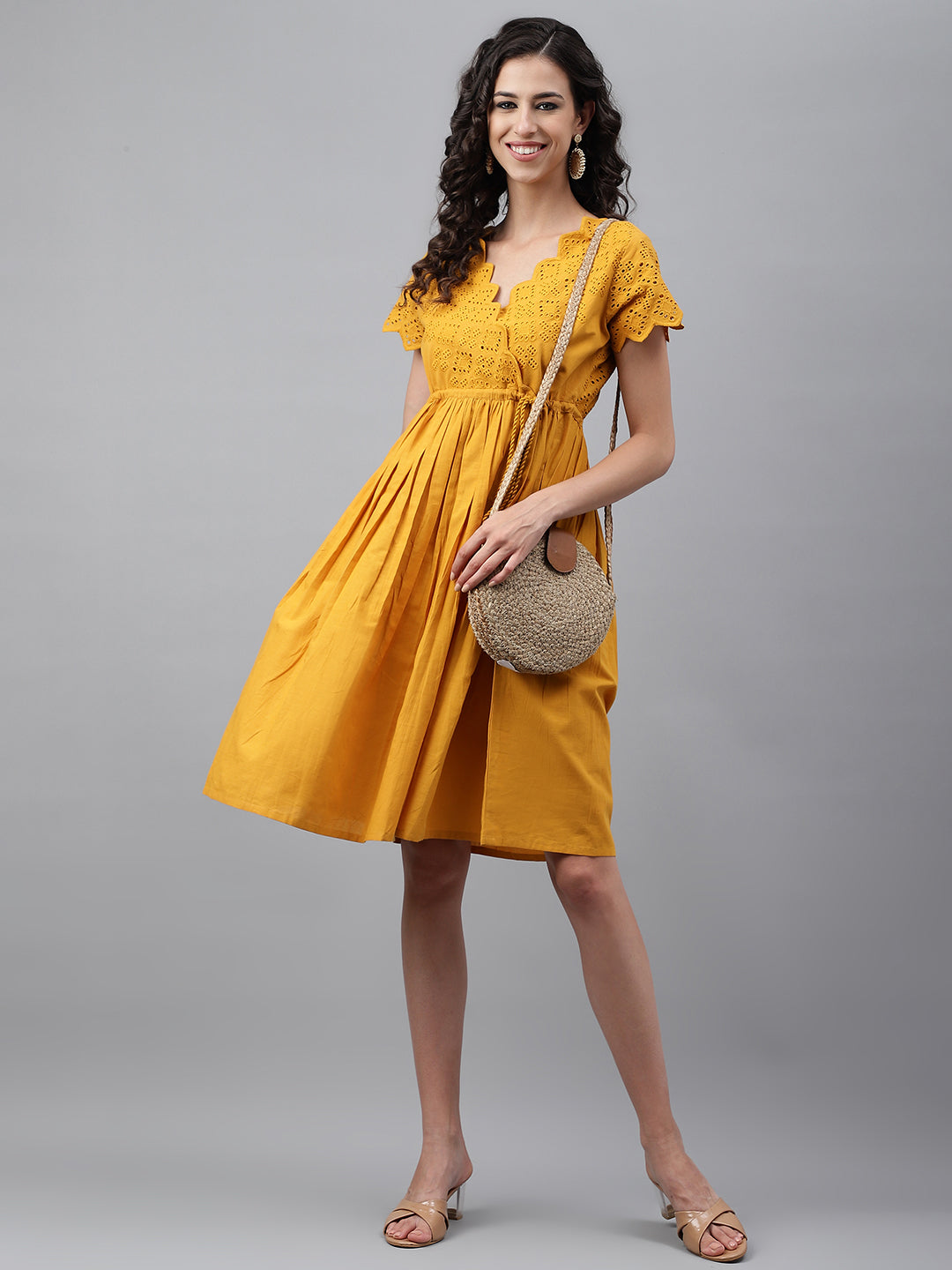 Janasya Women's Yellow Cotton Schiffli Flared Casual Dress | Grocsy